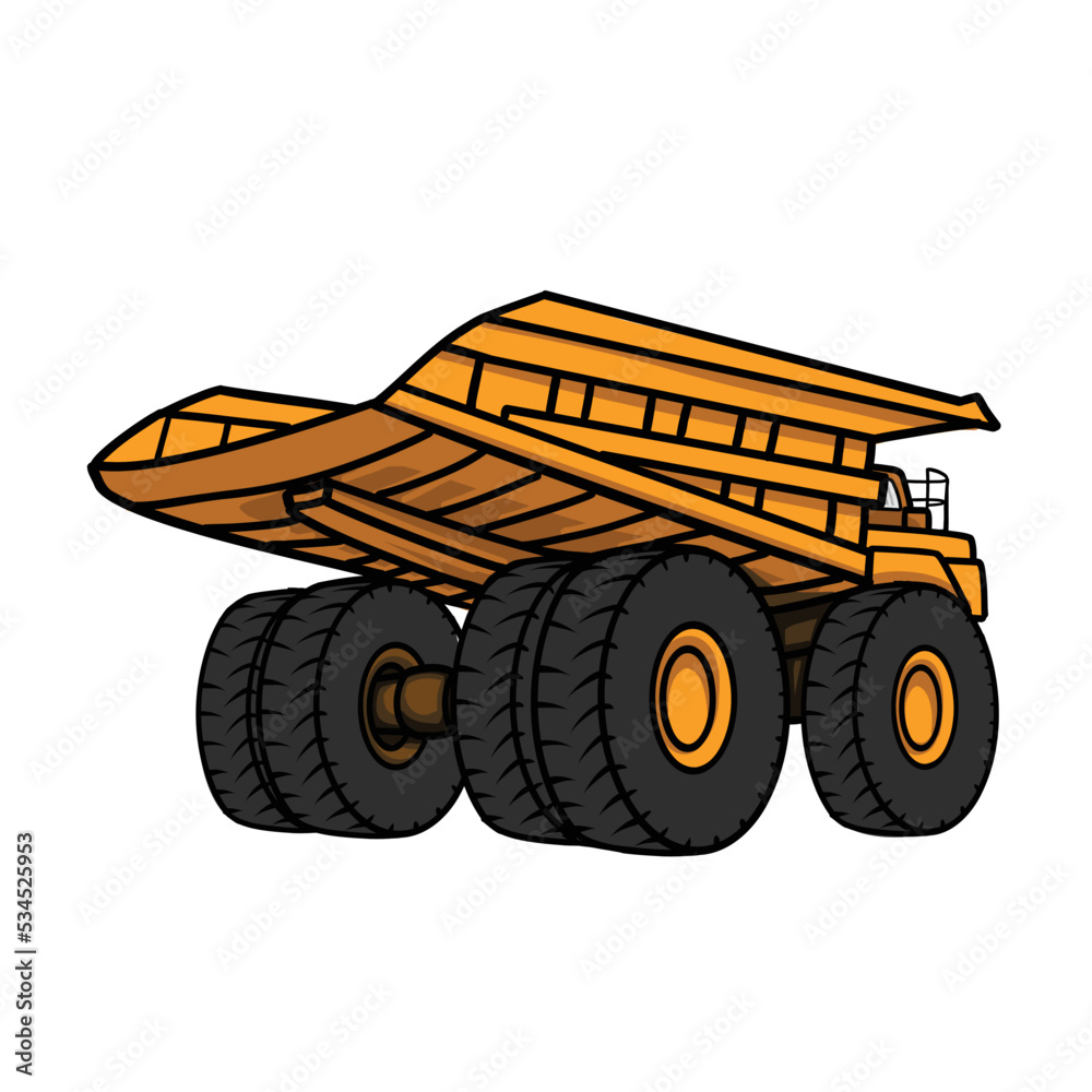 Quarry services dumper truck in opencast mine. Vector cartoon illustration of yellow dump truck, heavy machine in mining industry. Vector illustration isolated on white. Quarry services dumper truck in opencast mine. Vector cartoon illustration of yellow dump truck, heavy machine in mining industry. Vector illustration isolated on white.