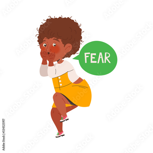 Little Girl Feeling Fear Dodging Afraid of Something as Learning English Word Vector Illustration