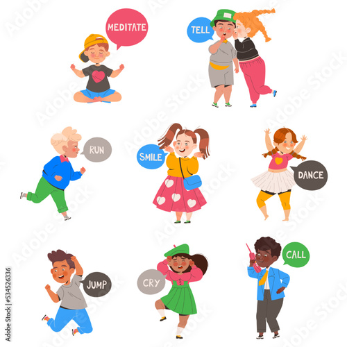 Children Learning English Words Displaying Vocabulary and Spelling Vector Set
