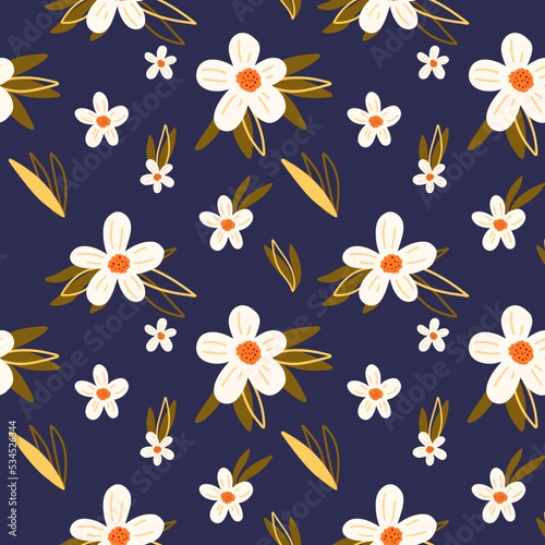vector seamless pattern of white flowers with green leaves © Маргарита Вайс