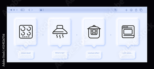 Kitchen appliances set icon. Kitchen electric or gas stove, draft, multicooker, saucepan, oven, microwave, dishes, food. Neomorphism website interface. Vector line icon for Business and Advertising