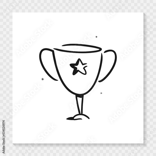 Hand drawn winner trophy with star. Sport trophy, winner prize sketch doodle illustration isolated on white paper sheet