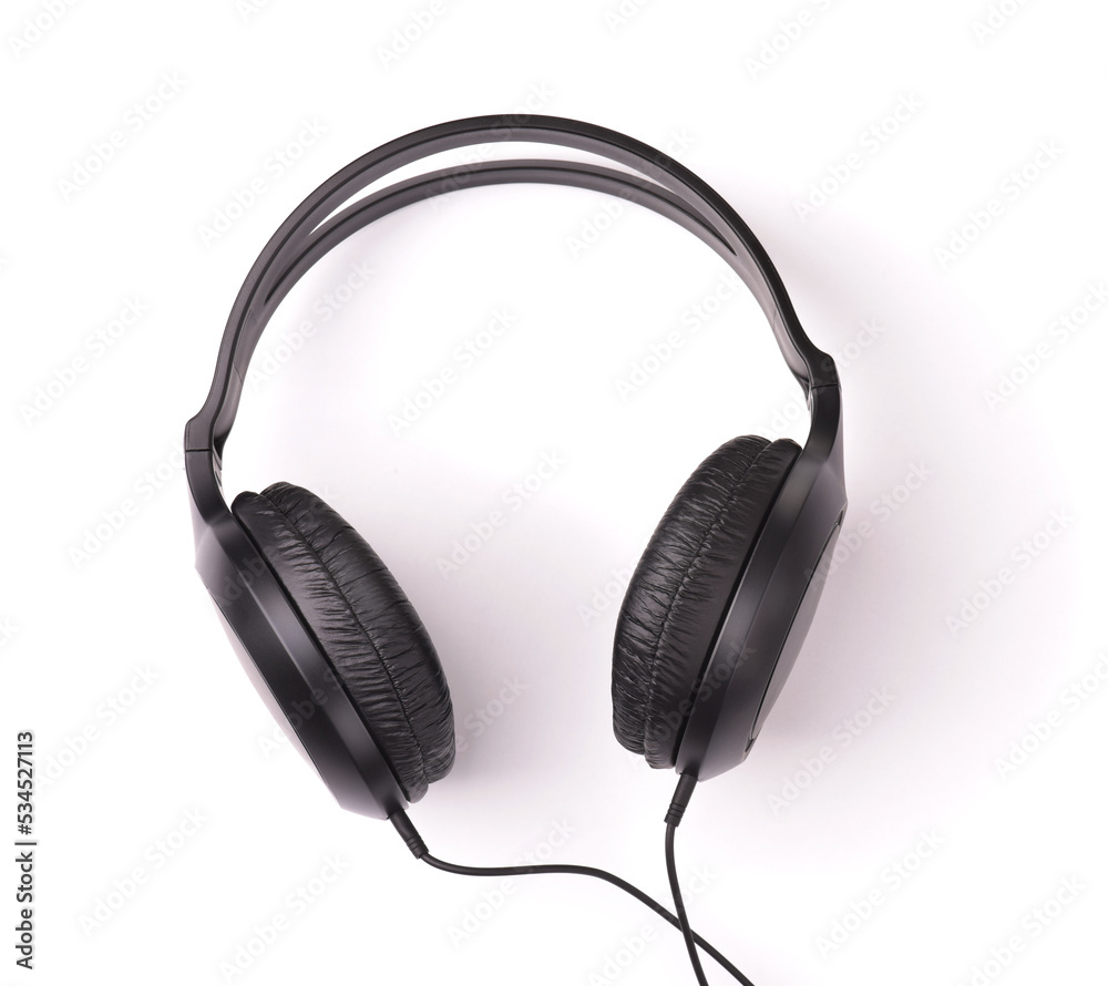 Top view of black professional over-ear wired headphones Top view of black professional over-ear wired headphones