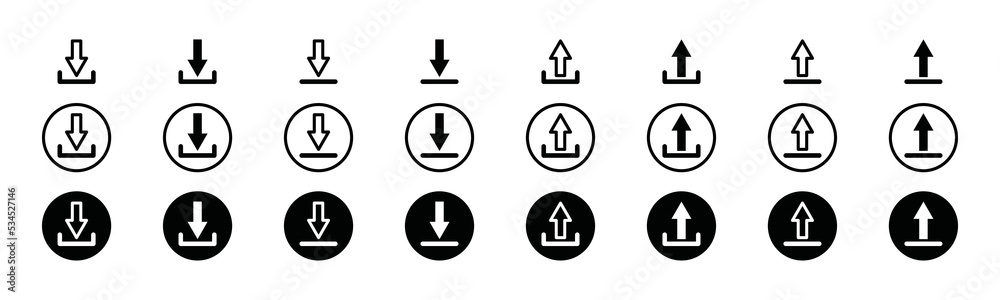 Download button and upload button icon vector set. Down arrow and up arrow symbol silhouette. Receive and send illustration Download button and upload button icon vector set. Down arrow and up arrow symbol silhouette. Receive and send illustration