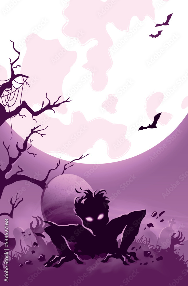 Happy Halloween vector illustration with zombie getting out from tomb. Halloween night poster with scary zombie, cemetery, moon, tree, bats.