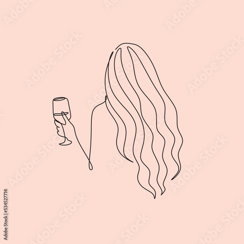 The girl drinks wine or champagne from a glass. Linear silhouette of a woman with a glass. Drawing with one continuous line. Linear glamor logo in a minimalistic style for a wine label.