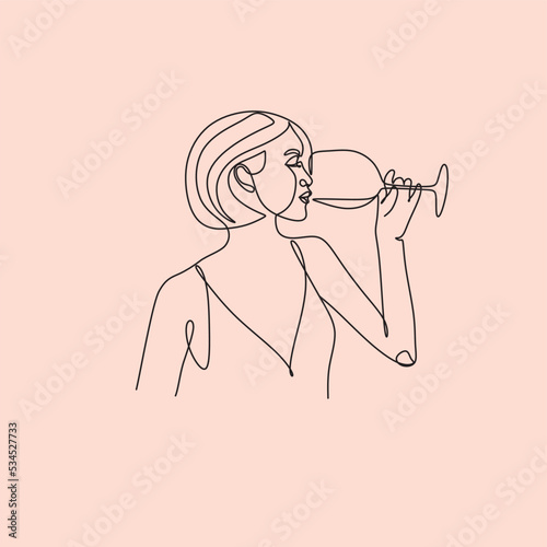 The girl drinks wine or champagne from a glass. Linear silhouette of a woman with a glass. Drawing with one continuous line. Linear glamor logo in a minimalistic style for a wine label.