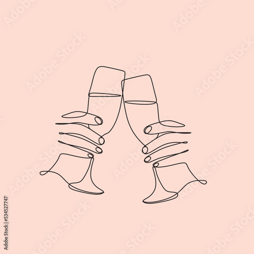 The girl drinks wine or champagne from a glass. Linear silhouette of a woman with a glass. Drawing with one continuous line. Linear glamor logo in a minimalistic style for a wine label.