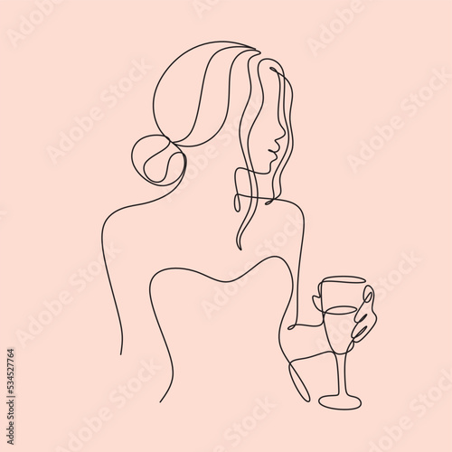 The girl drinks wine or champagne from a glass. Linear silhouette of a woman with a glass. Drawing with one continuous line. Linear glamor logo in a minimalistic style for a wine label.