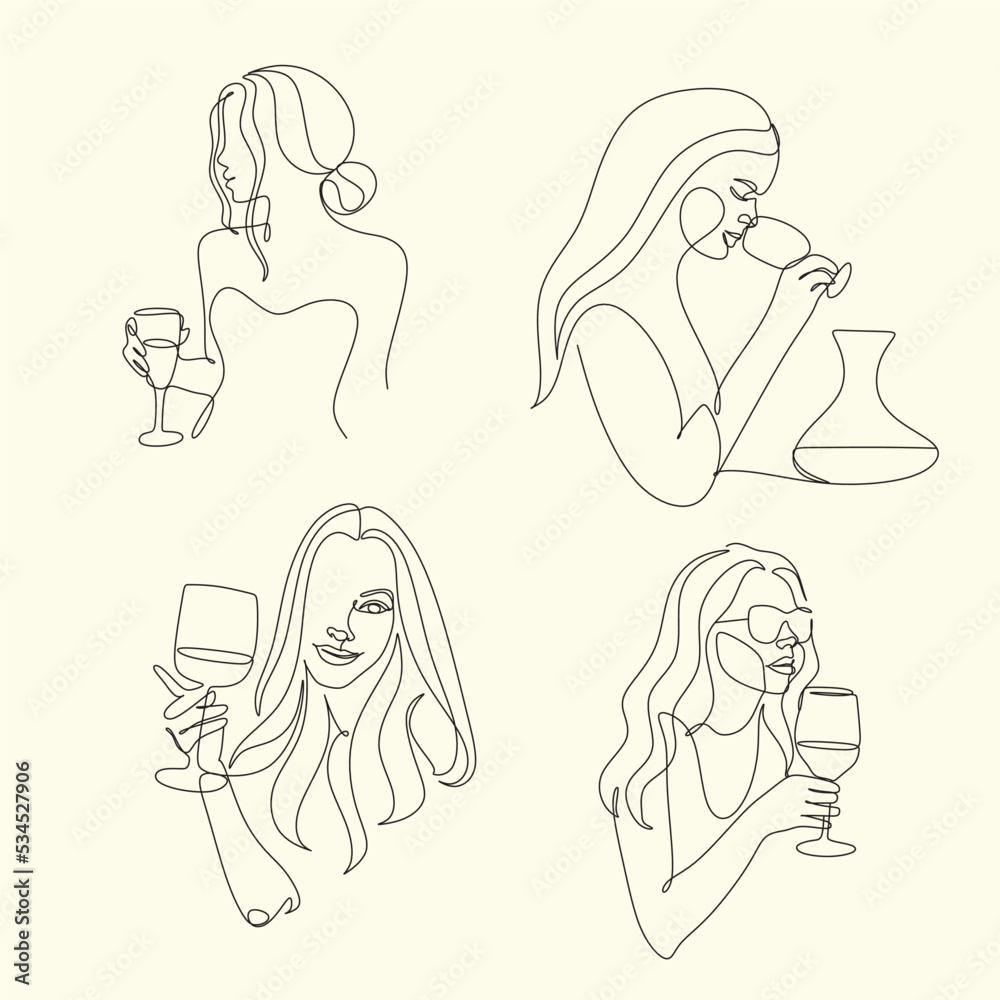 Woman with wine glass line draw. Drawing with one continuous line. Linear glamor logo in a minimalistic style for a wine label.