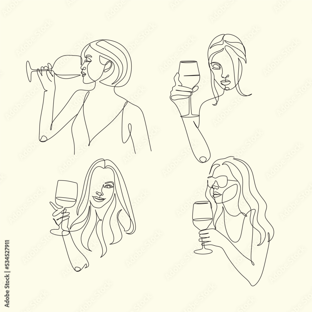 Woman with wine glass line draw. Drawing with one continuous line. Linear glamor logo in a minimalistic style for a wine label. Woman with wine glass line draw. Drawing with one continuous line. Linear glamor logo in a minimalistic style for a wine label.