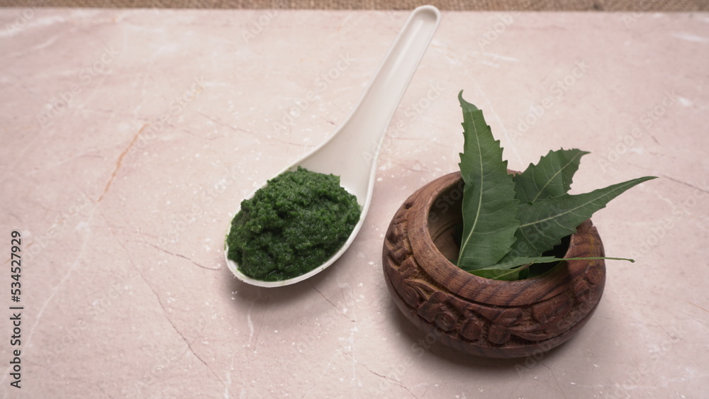 Neem leaves used as ayurvedic medicine with ground neem paste and juice Used in skin care, beauty products and creams. Neem leaves used as ayurvedic medicine with ground neem paste and juice Used in skin care, beauty products and creams.