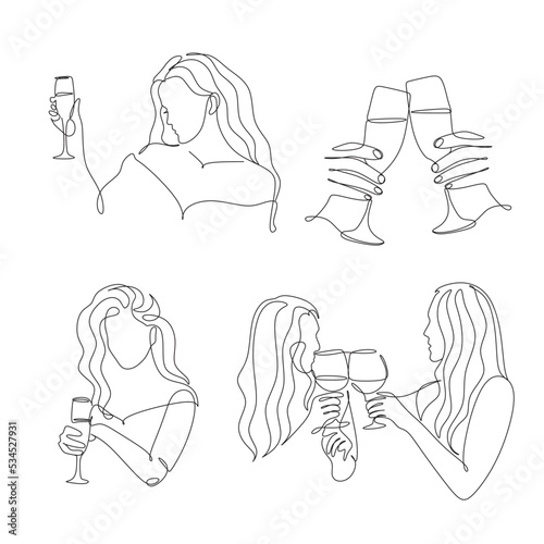 Woman with wine glass line draw. Drawing with one continuous line. Linear glamor logo in a minimalistic style for a wine label.