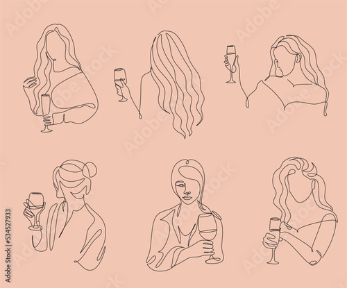 Woman with wine glass line draw. Drawing with one continuous line. Linear glamor logo in a minimalistic style for a wine label.