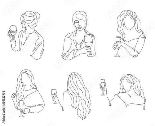 Woman with wine glass line draw. Drawing with one continuous line. Linear glamor logo in a minimalistic style for a wine label.