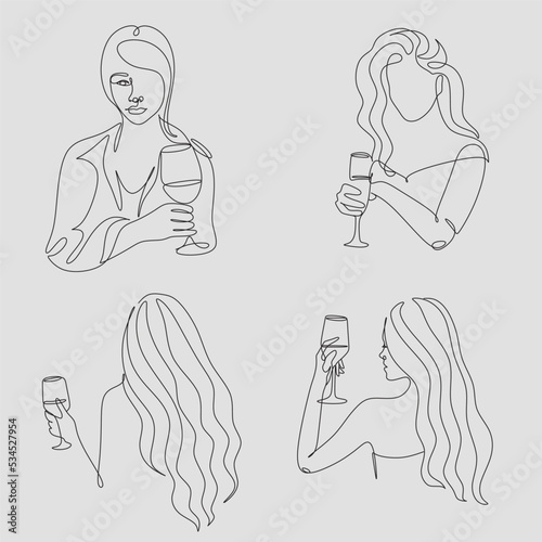 Woman with wine glass line draw. Drawing with one continuous line. Linear glamor logo in a minimalistic style for a wine label.