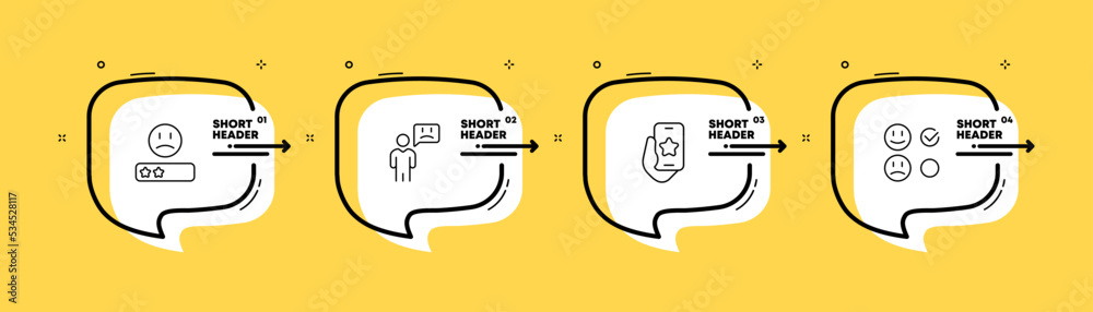 Feedback set icon. Review, comment, reaction, speech bubble, dislike, like, rating stars, checkbox, emoticons. Emoji concept. Infographic timeline with icons and 4 steps. Vector line icon Feedback set icon. Review, comment, reaction, speech bubble, dislike, like, rating stars, checkbox, emoticons. Emoji concept. Infographic timeline with icons and 4 steps. Vector line icon