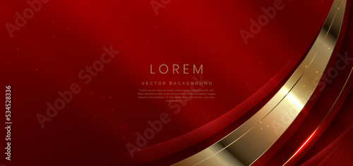 Abstract 3d golden curved red shape on red background with lighting effect and sparkle with copy space for text. Luxury design style.