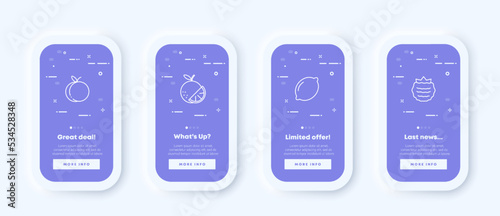 Greengrocery set icon. Peach, orange, lemon, raspberry, fruits, healthy food, vitamins, vegetable garden, greens, eat. Garden stuff concept. UI phone app screen. Vector icon for Business