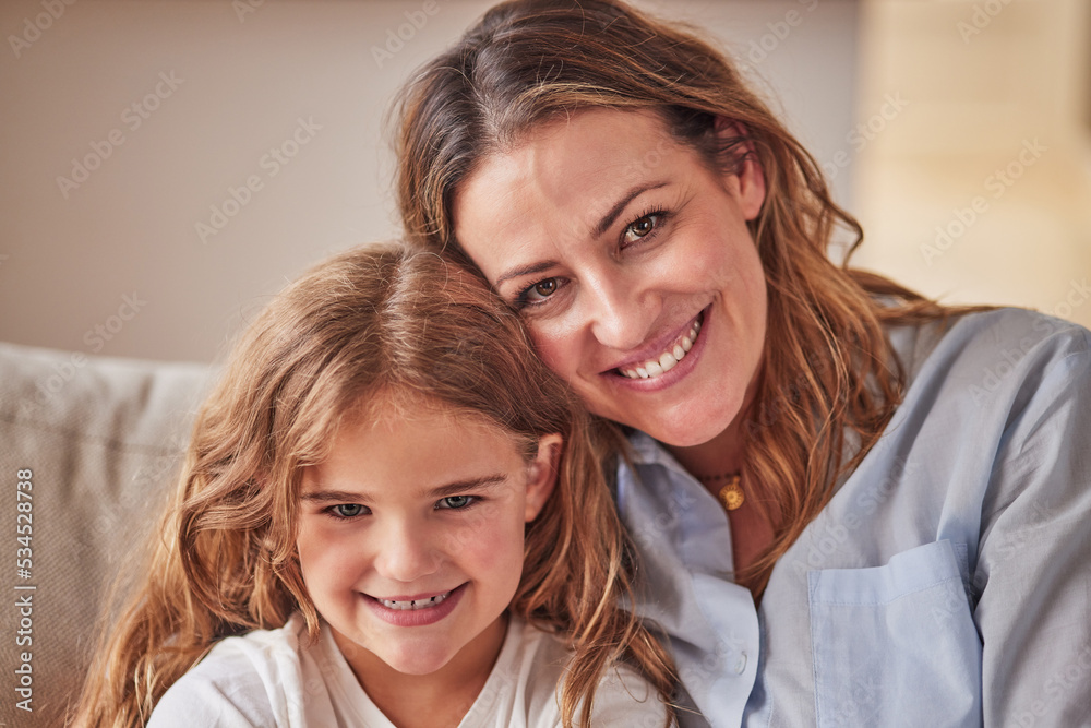 Smile, mother and child in portrait as a happy family at home enjoying quality time, bonding and weekend together. Kid, happiness and young girl relaxing with a caring, lovely and single parent mom Smile, mother and child in portrait as a happy family at home enjoying quality time, bonding and weekend together. Kid, happiness and young girl relaxing with a caring, lovely and single parent mom