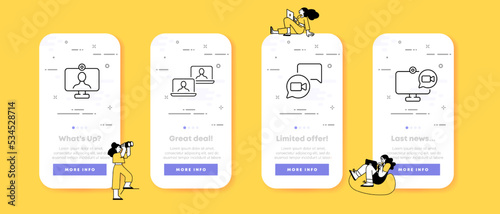 Snapshot set icon. Camera, video, frame, portrait, conference, media, photographer, social network, publication, CCTV, video surveillance. UI phone app screens. Vector line icon for Business