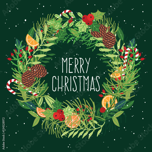 Christmas wreath made of pine branches decorated with candy cane, oranges and cones. Holiday season vector illustration.  