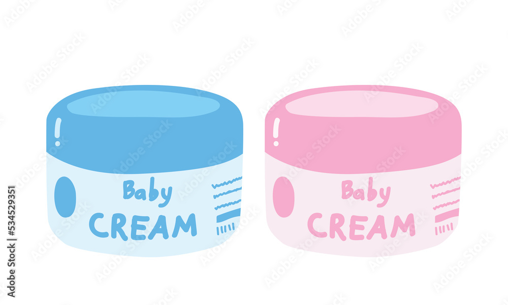 Baby cream bottle clipart. Simple cute blue and pink bottle of baby cream with label flat vector illustration. Plastic bottles of baby cosmetic products cartoon style Baby cream bottle clipart. Simple cute blue and pink bottle of baby cream with label flat vector illustration. Plastic bottles of baby cosmetic products cartoon style