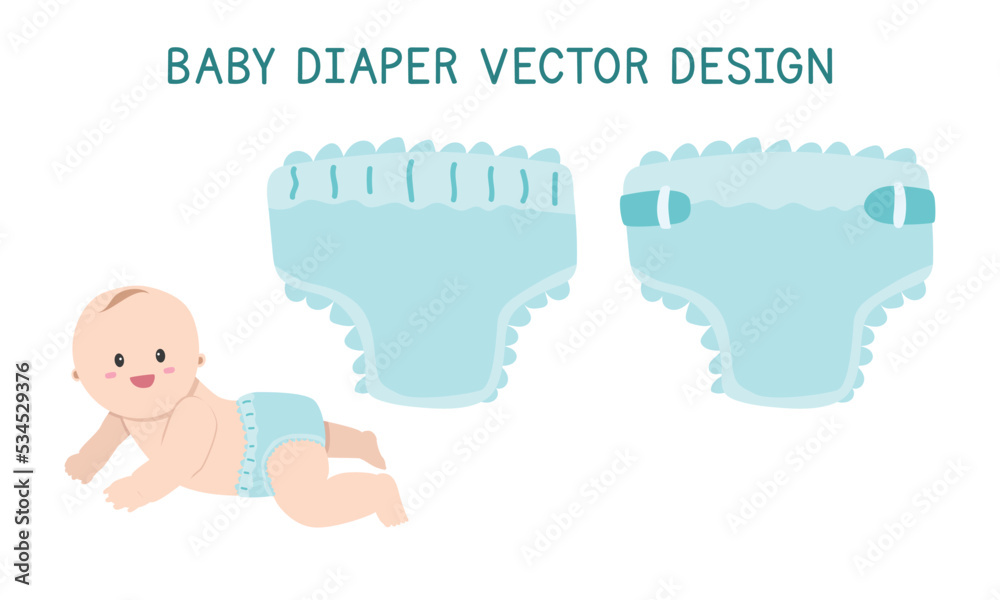 Vector set of baby diaper clipart. Simple cute blue diaper baby with a crawling baby wearing diaper flat vector illustration. Disposable, underwear diaper cartoon style. Kids, baby shower, newborn Vector set of baby diaper clipart. Simple cute blue diaper baby with a crawling baby wearing diaper flat vector illustration. Disposable, underwear diaper cartoon style. Kids, baby shower, newborn
