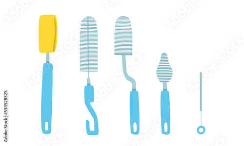 Vector set of baby bottle brush clipart. Simple cute bottle brush flat vector illustration. Cleaning brushes cleaner for feeding bottles, glasses, pot, milk, cup, mugs, wine bottles cartoon style