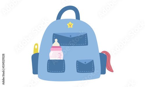 Baby bag clipart. Simple cute blue mother bag with baby's stuff baby bottle, towel, bottle brush flat vector illustration. Baby care bag cartoon style. Kids, newborn and nursery decoration concept photo