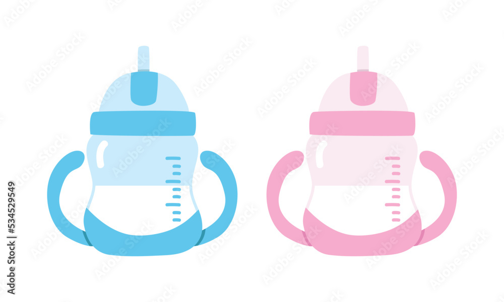 Vector set of blue and pink baby sip cup clipart. Simple cute baby water bottle for children drinking flat vector illustration. Baby sip cup cartoon style. Toddler feeding bottle for baby boy and girl Vector set of blue and pink baby sip cup clipart. Simple cute baby water bottle for children drinking flat vector illustration. Baby sip cup cartoon style. Toddler feeding bottle for baby boy and girl