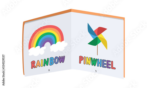 Baby visual stimulation book clipart. Simple cute colored infant stimulation book flat vector illustration. Baby book with colorful rainbow and pinwheel cartoon. Early stimulation for learning colors