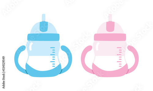 Vector set of blue and pink baby sip cup clipart. Simple cute baby water bottle for children drinking flat vector illustration. Baby sip cup cartoon style. Toddler feeding bottle for baby boy and girl