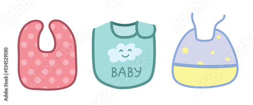 Vector set of cute baby bib clipart. Simple cute bibs for baby feeding flat vector illustration. Baby apron or bib with different pattern designs cartoon style. Kids, baby shower, nursery decoration