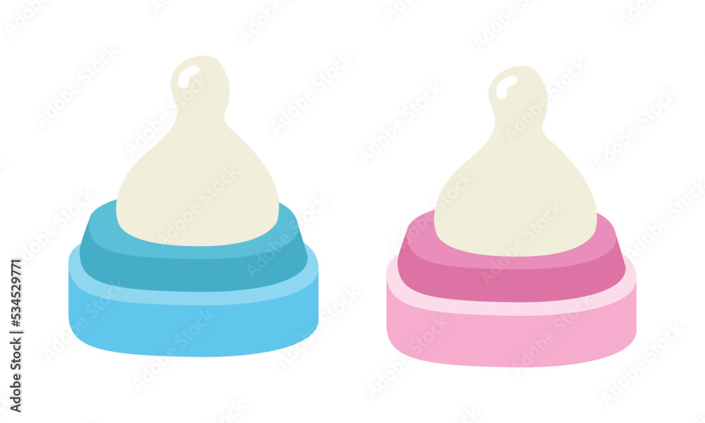 Set of blue and pink baby bottle nipple clipart. Simple cute latex