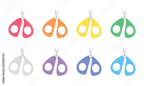 Set of multicolor baby nail clipper scissors clipart. Simple cute nail trimmer for cutting baby nails flat vector illustration isolated on white. Colorful nail scissors cartoon style icon. Baby shower