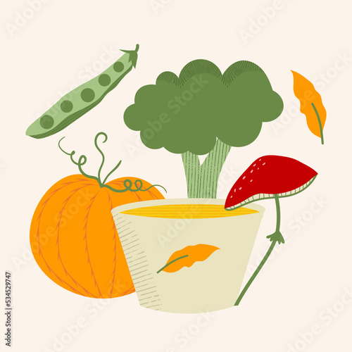 Illustration vectorielle soupe de légumes. Alimentation et saison automne et hiver.