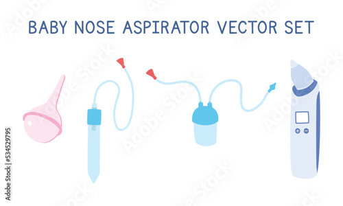 Set of baby nose cleaner nasal aspirators clipart. Simple cute baby nose aspirator flat vector illustration isolated on white. Classic, electric, battery nose pump, nose sucker tube cartoon style icon photo