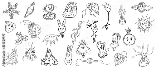 Set of black contour images of monsters on a white background