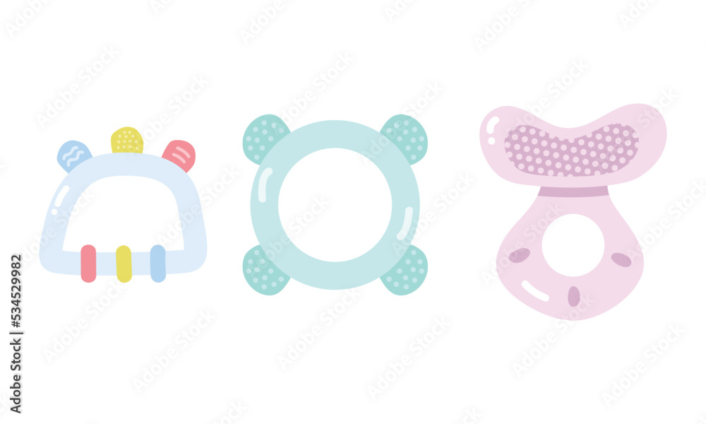 Set of different baby teether clipart. Simple cute silicone teether