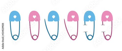 Set of blue and pink safety pins clipart. Close, open and pinned safety pin flat vector illustration. Diaper pins cartoon style icon. Kids, baby shower, newborn and nursery decoration concept photo