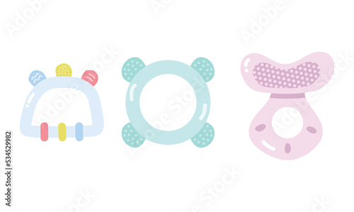 Set of different baby teether clipart. Simple cute silicone teether soothing tool for teething infants flat vector illustration. Baby teething toy cartoon style icon. Infant growing first tooth biting