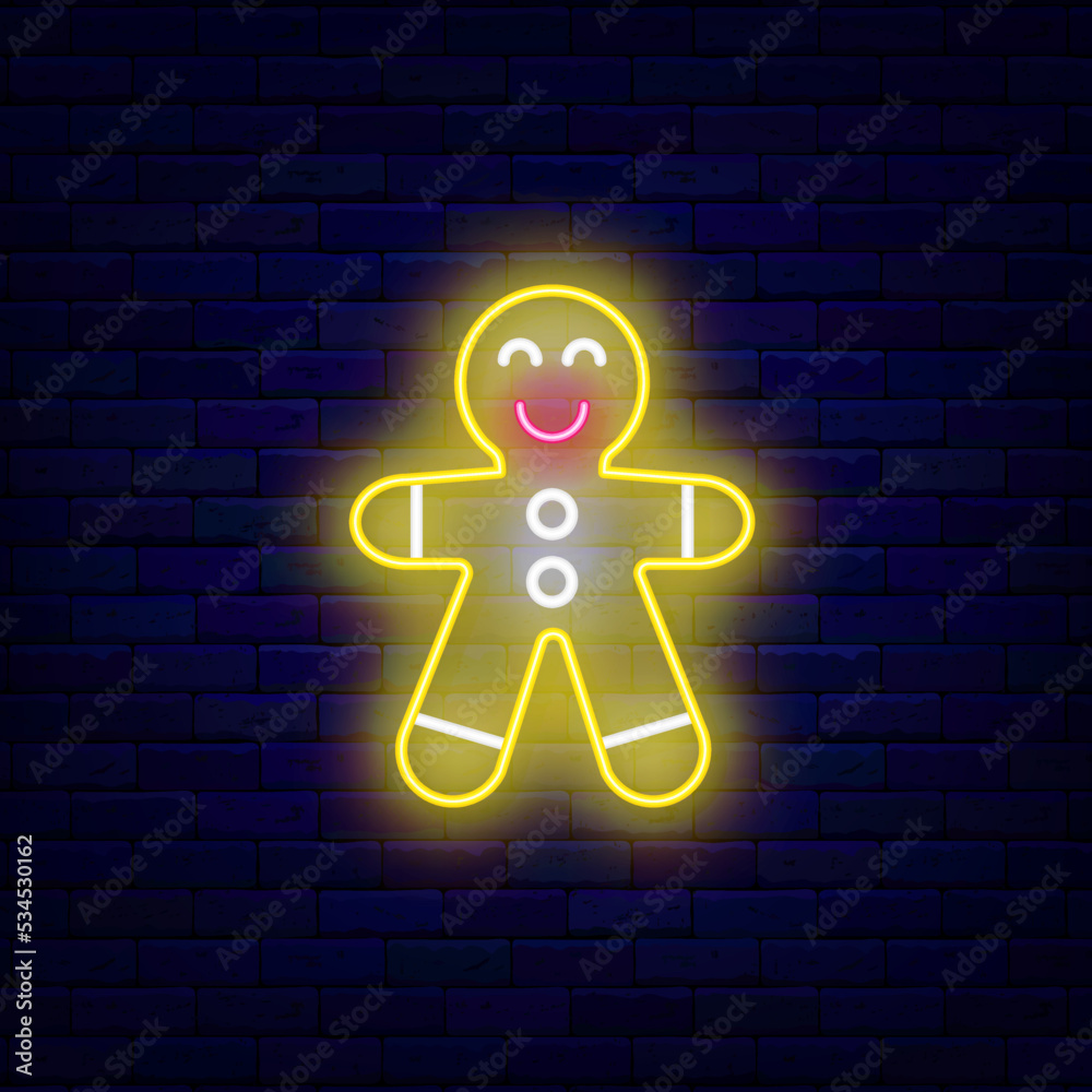 Gingerbread man neon icon. Holiday cookie with icing. Happy new year and Merry Christmas. Vector illustration
