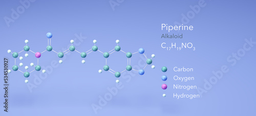 piperine, molecular structures, alkaloid, 3d model, Structural Chemical Formula and Atoms with Color Coding photo