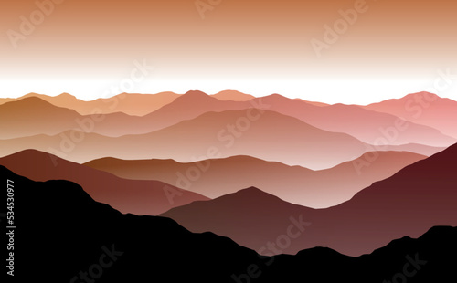 Vector sunset or dawn landscape with misty red and orange silhouettes of mountains and hills