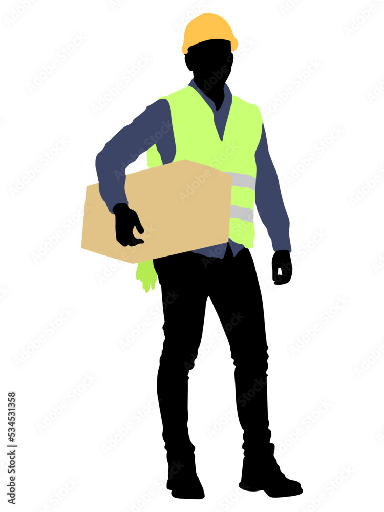 Silhouette of workers with a helmet. A worker is holding a box. Vector flat style illustration isolated on white