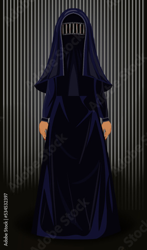 Burka is like a prison. Muslim woman in burqa metal prison bars, vector illustration