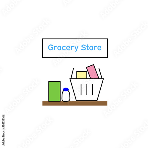 Concept of a Grocery Store. Shopping basket with goods in it and on side. 