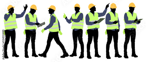 Silhouettes set of workers with helmets. Vector flat style illustration isolated on white