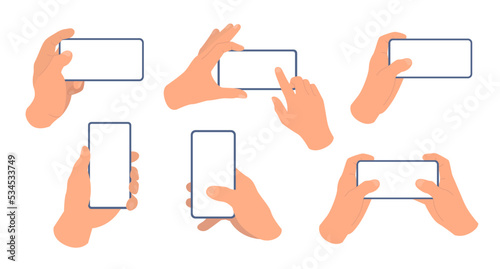 Set of human hands holding mobile phone. Finger touching, tapping, scrolling and swipe smartphone screen. Flat vector illustration isolated on white background.